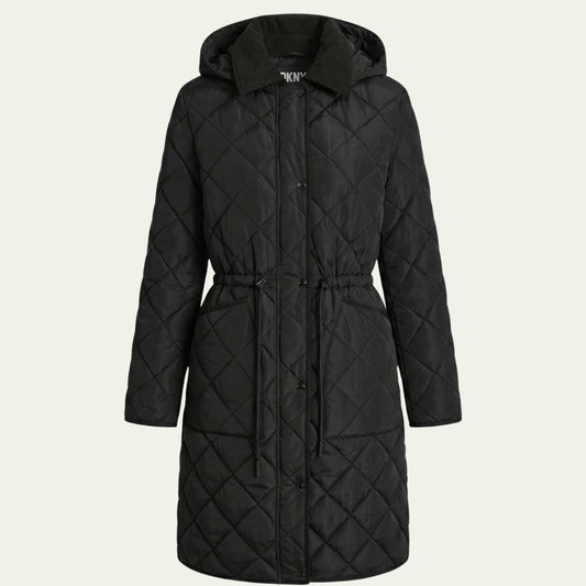 DKNY Women's Quilted Anorak Coat Corduroy Collar Water-Resistant Long  Black