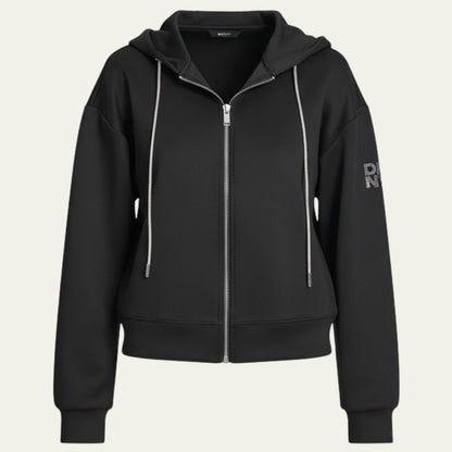 DKNY Women's Scuba Zip-Up Jacket Round Neck Stretch Fabric Black