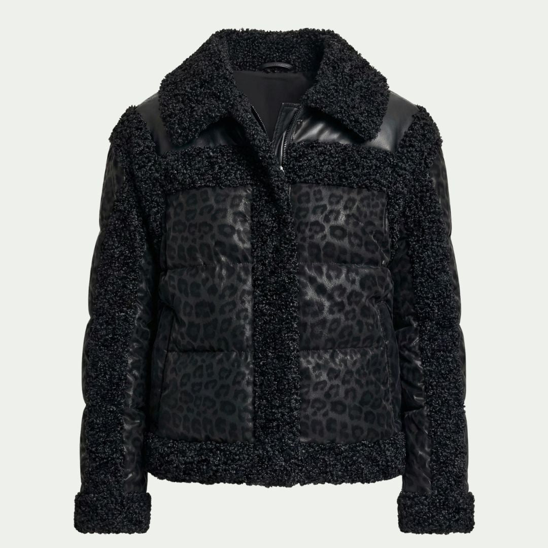 DKNY Women's Mixed Media Jacket Cheetah Print Tech Fabric Faux Leather Trim Black