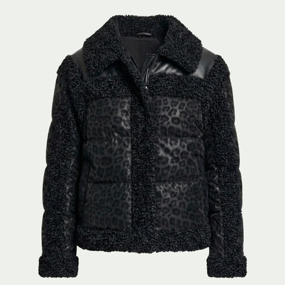 DKNY Women's Mixed Media Jacket Cheetah Print Tech Fabric Faux Leather Trim Black