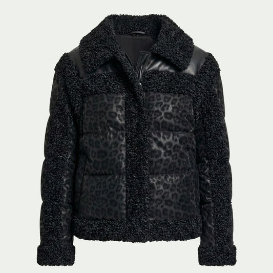 DKNY Women's Mixed Media Jacket Cheetah Print Tech Fabric Faux Leather Trim Black