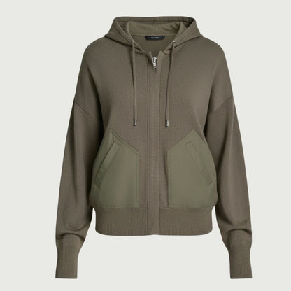DKNY Women's Rayon-Blend Full-Zip Hoodie - Knit Drop Shoulder Sweater - Taupe