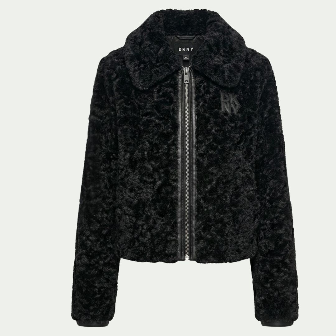DKNY Women's Mixed Media Jacket Plush & Faux Leather Trim Zip-Front