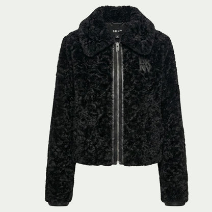 DKNY Women's Mixed Media Jacket Plush & Faux Leather Trim Zip-Front