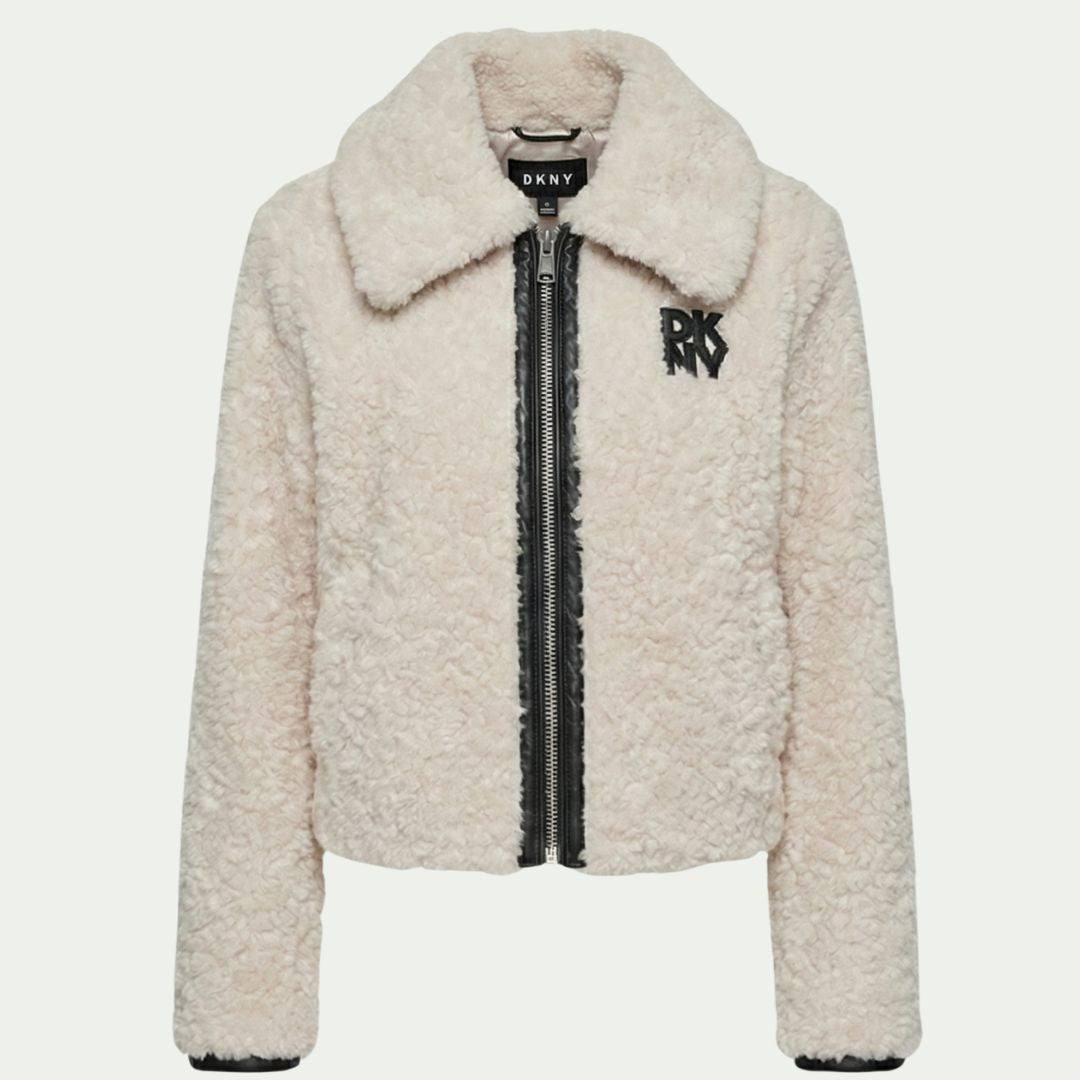 DKNY Women's Mixed Media Jacket Plush & Faux Leather Trim Zip-Front