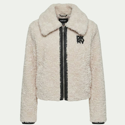 DKNY Women's Mixed Media Jacket Plush & Faux Leather Trim Zip-Front