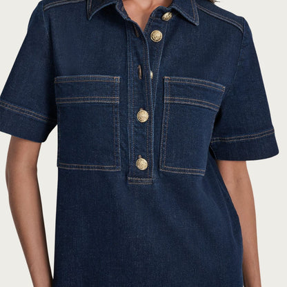 DKNY Women's Denim Mini Shift Dress Short Sleeve Gold Button Detail Black