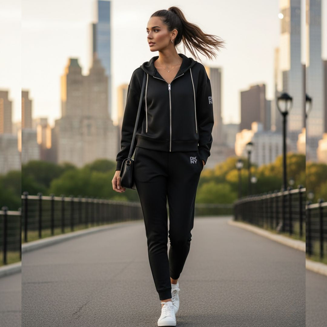 DKNY Women's Scuba Zip-Up Jacket Round Neck Stretch Fabric Black