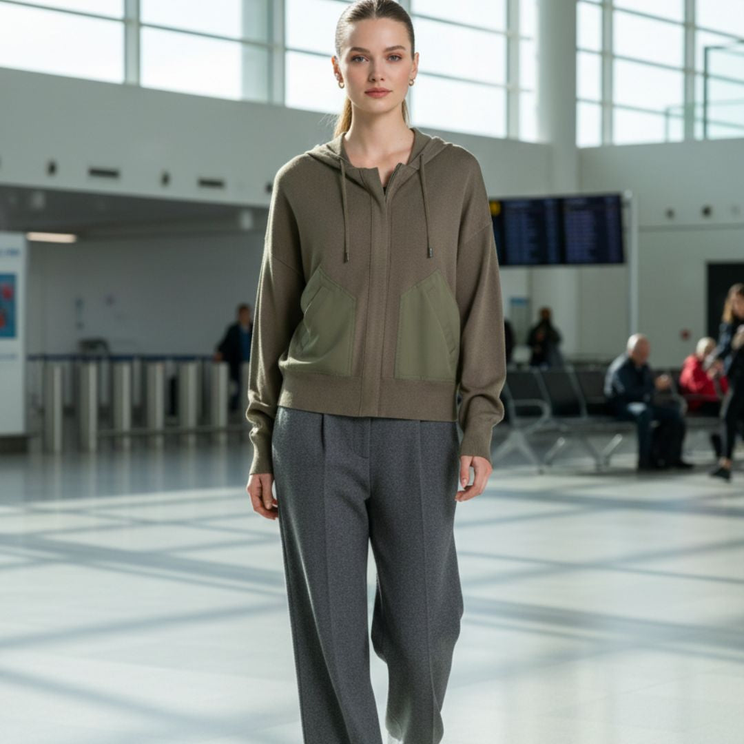 DKNY Women's Rayon-Blend Full-Zip Hoodie - Knit Drop Shoulder Sweater - Taupe