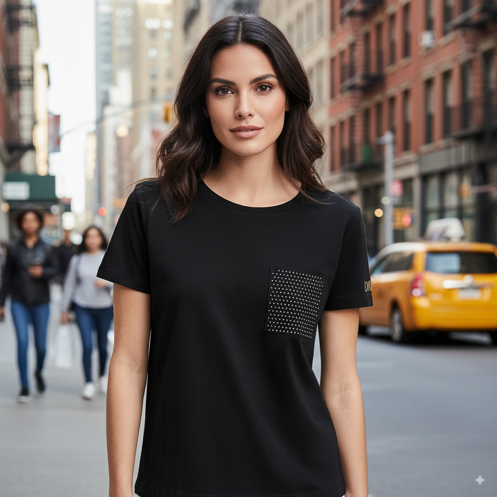 Woman wearing a black t-shirt with a studded pocket on a city street.