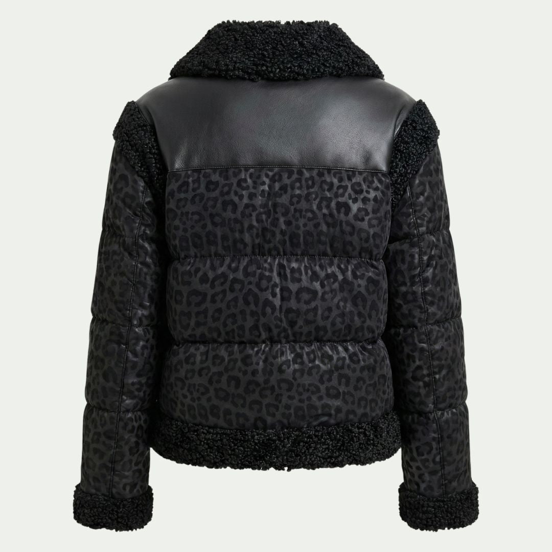 DKNY Women's Mixed Media Jacket Cheetah Print Tech Fabric Faux Leather Trim Black