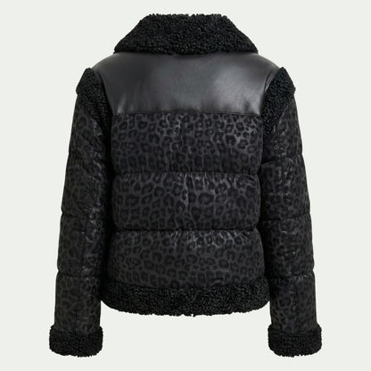 DKNY Women's Mixed Media Jacket Cheetah Print Tech Fabric Faux Leather Trim Black