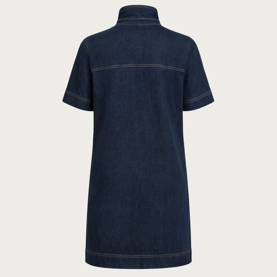 DKNY Women's Denim Mini Shift Dress Short Sleeve Gold Button Detail Black