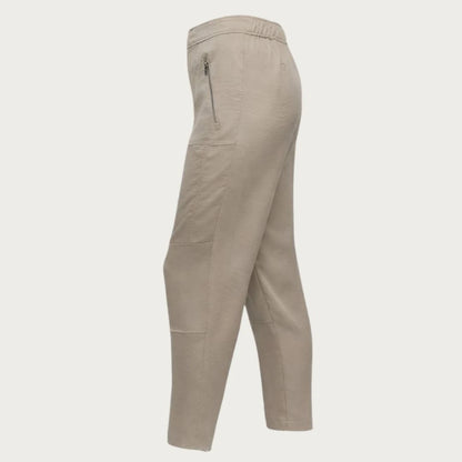 DKNY Women’s Beige Elastic Waist Zipper Trousers | Comfortable Tailored Pants